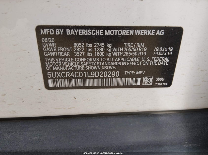 2020 BMW X5 Sdrive40I VIN: 5UXCR4C01L9D20290 Lot: 45631530