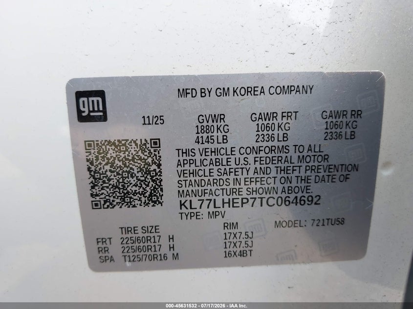 2026 Chevrolet Trax Fwd Lt VIN: KL77LHEP7TC064692 Lot: 45631532
