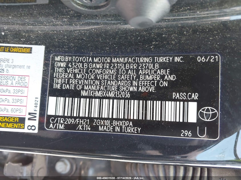 2021 Toyota C-Hr Le VIN: NMTKHMBX4MR132036 Lot: 45631538