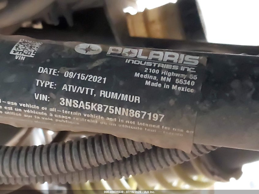 2022 Polaris Rzr Trail Ultimate VIN: 3NSA5K875NN867197 Lot: 45631539