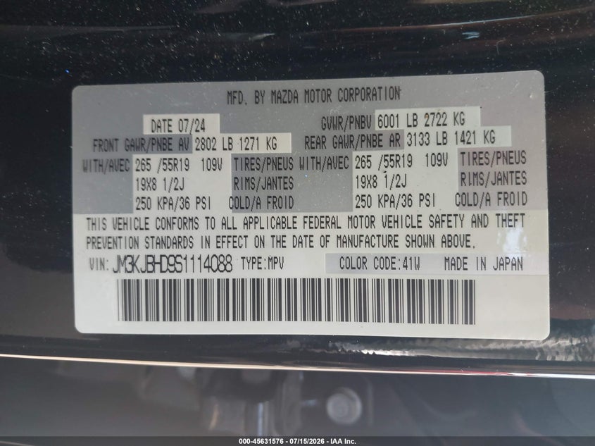 2025 Mazda Cx-70 3.3 Turbo Preferred Package VIN: JM3KJBHD9S1114088 Lot: 45631576