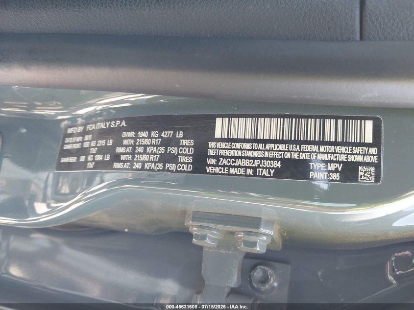 2018 Jeep Renegade Latitude Fwd VIN: ZACCJABB2JPJ30384 Lot: 45631608