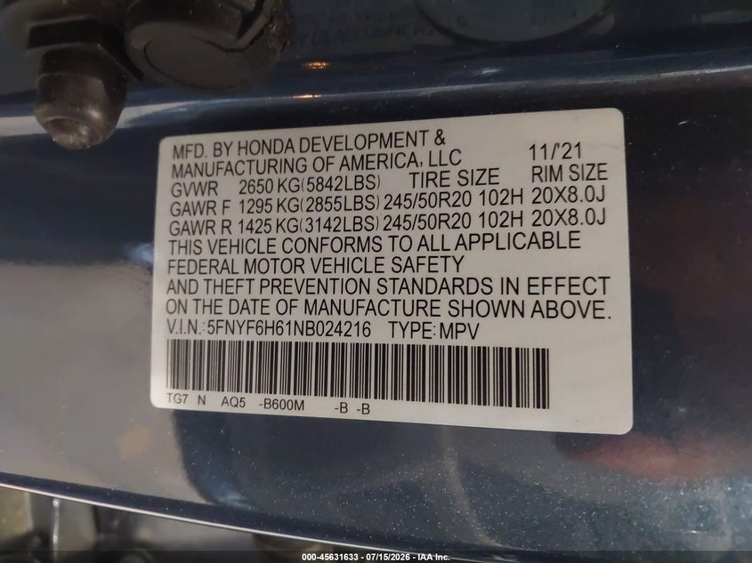 HONDA PILOT 2022 VIN 5FNYF6H61NB024216