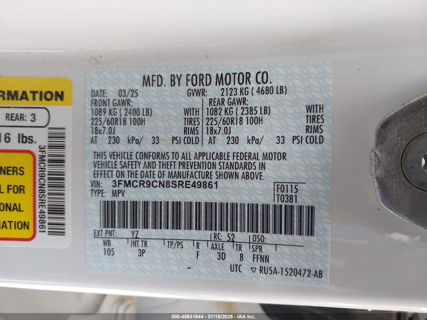 2025 Ford Bronco Sport Outer Banks VIN: 3FMCR9CN8SRE49861 Lot: 45631644