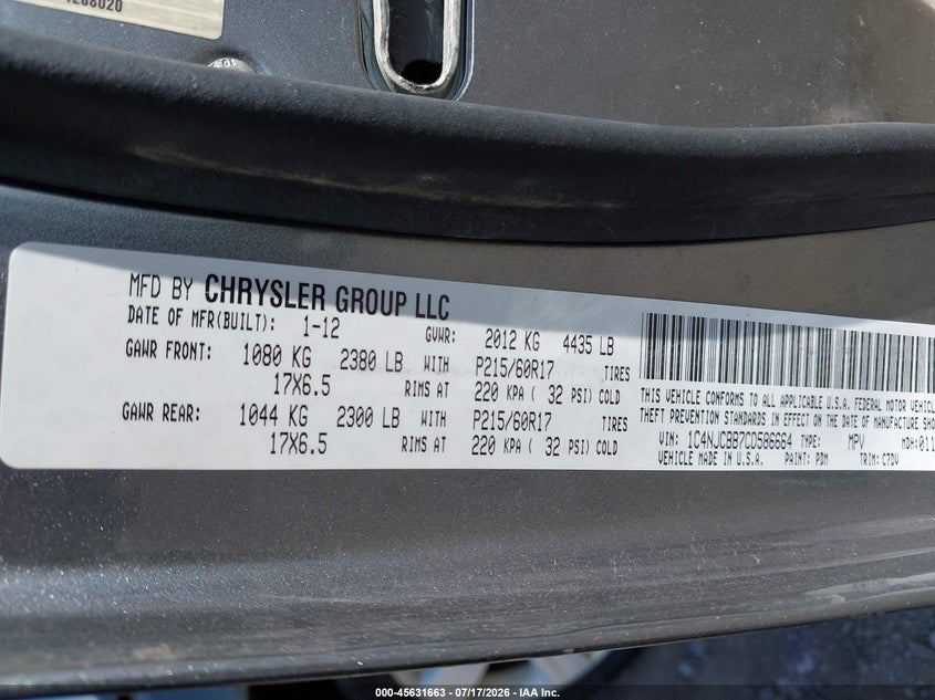 2012 Jeep Compass Sport VIN: 1C4NJCBB7CD586664 Lot: 45631663