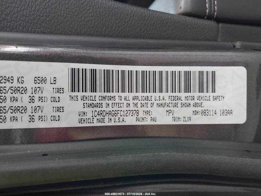2015 Dodge Durango Sxt VIN: 1C4RDHAG6FC127378 Lot: 45631673