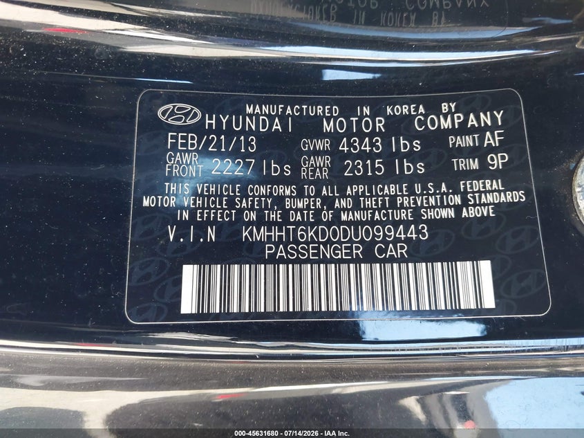 2013 Hyundai Genesis 2.0T Premium VIN: KMHHT6KD0DU099443 Lot: 45631680