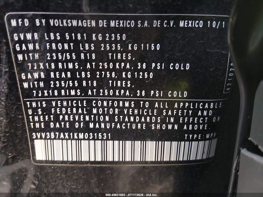 2019 Volkswagen Tiguan 2.0T Se/2.0T Sel/2.0T Sel R-Line/2.0T Sel R-Line Black VIN: 3VV3B7AX1KM031531 Lot: 45631683