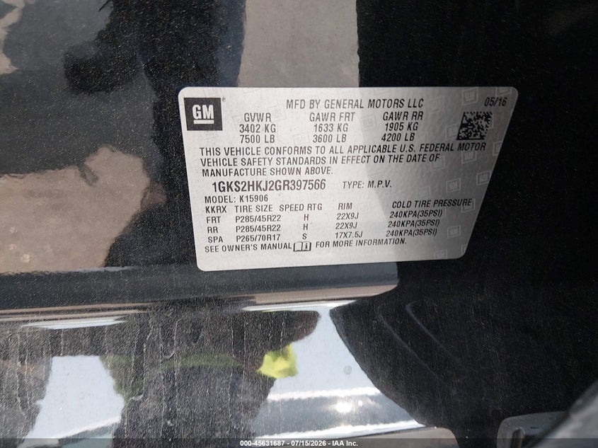 2016 GMC Yukon Xl Denali VIN: 1GKS2HKJ2GR397566 Lot: 45631687