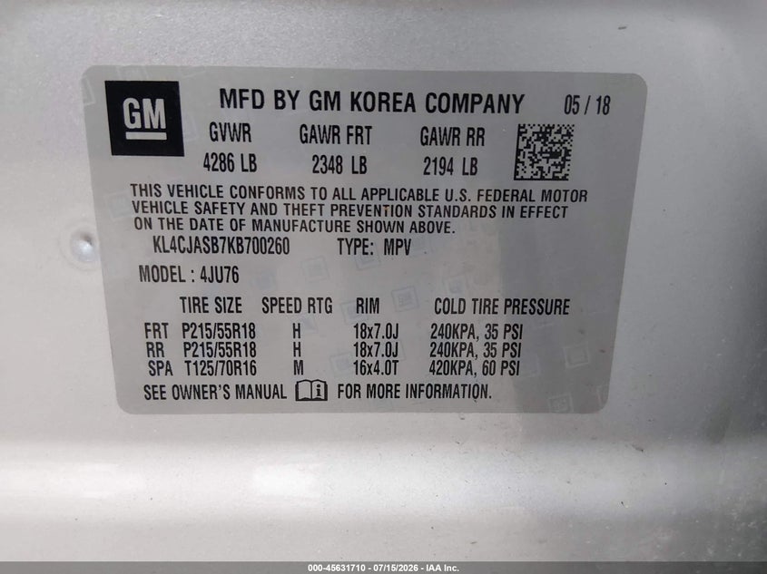 2019 Buick Encore Fwd Preferred VIN: KL4CJASB7KB700260 Lot: 45631710