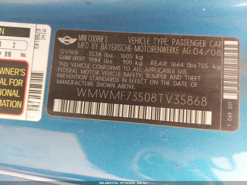 2008 Mini Cooper S VIN: WMWMF73508TV35868 Lot: 45631724