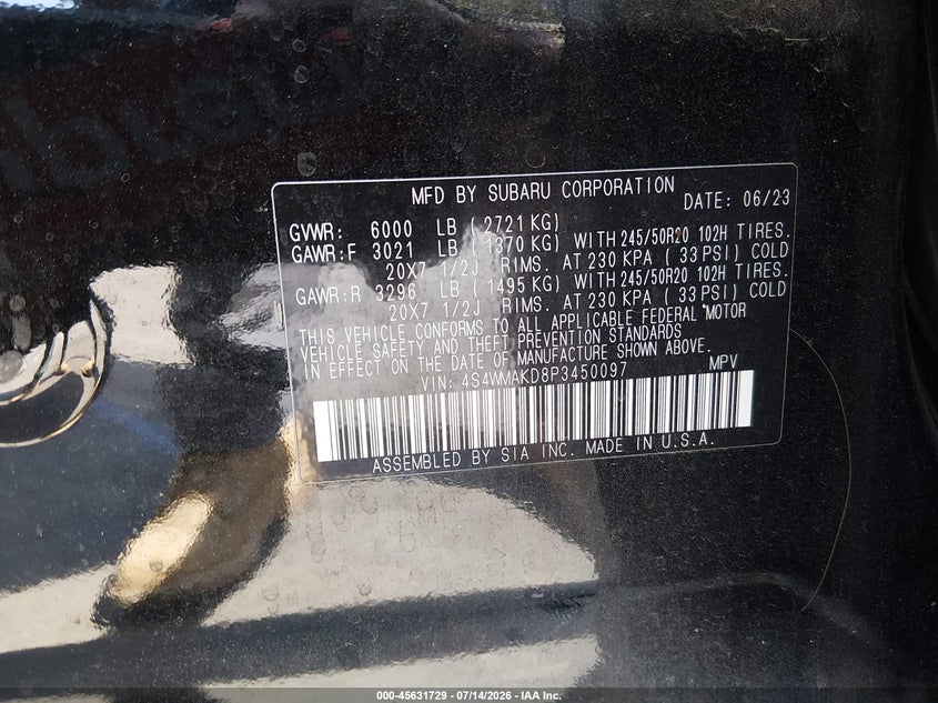 2023 Subaru Ascent Onyx Edition Limited 7-Passenger VIN: 4S4WMAKD8P3450097 Lot: 45631729