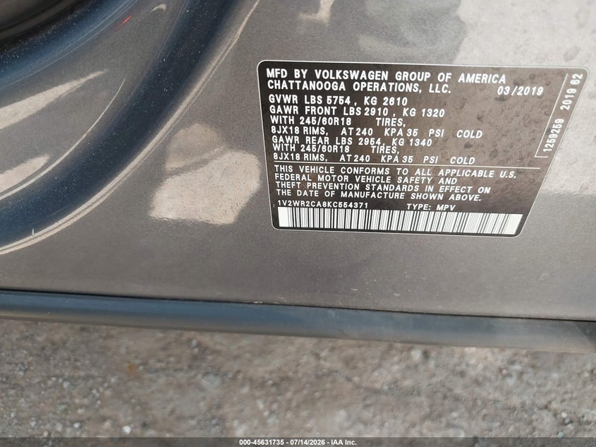 2019 Volkswagen Atlas 3.6L V6 Se W/Technology VIN: 1V2WR2CA8KC554371 Lot: 45631735