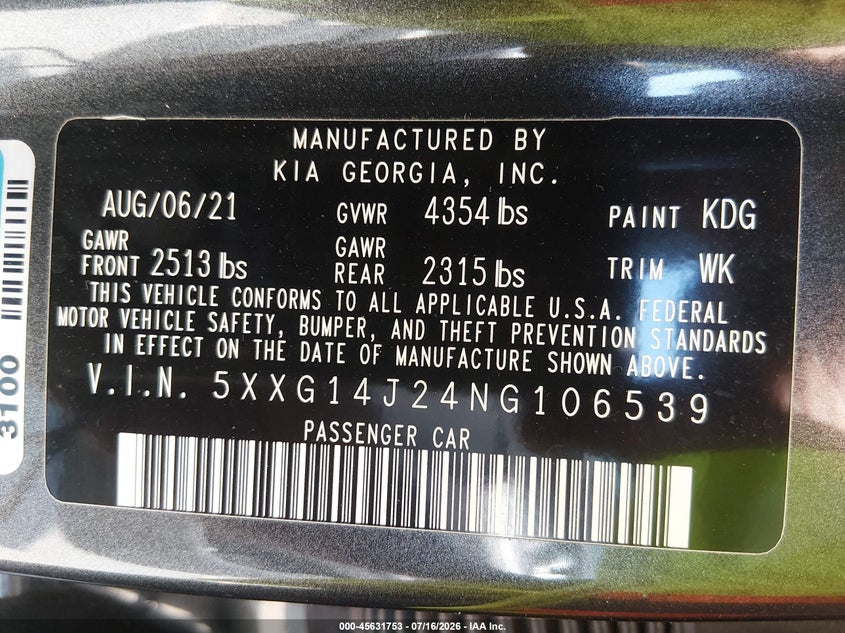 2022 Kia K5 Lxs VIN: 5XXG14J24NG106539 Lot: 45631753