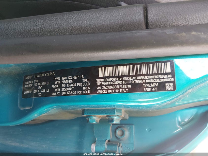 2020 Jeep Renegade Latitude Fwd VIN: ZACNJABB5LPL88748 Lot: 45631789