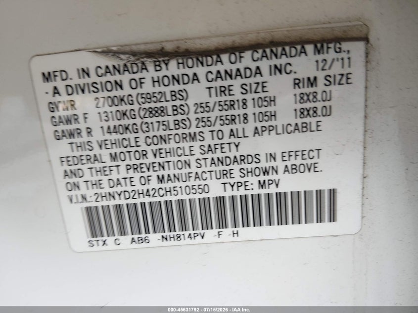 2012 Acura Mdx Technology Package VIN: 2HNYD2H42CH510550 Lot: 45631792