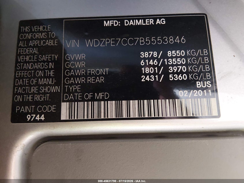 2011 Mercedes-Benz Sprinter 2500 Normal Roof VIN: WDZPE7CC7B5553846 Lot: 45631798