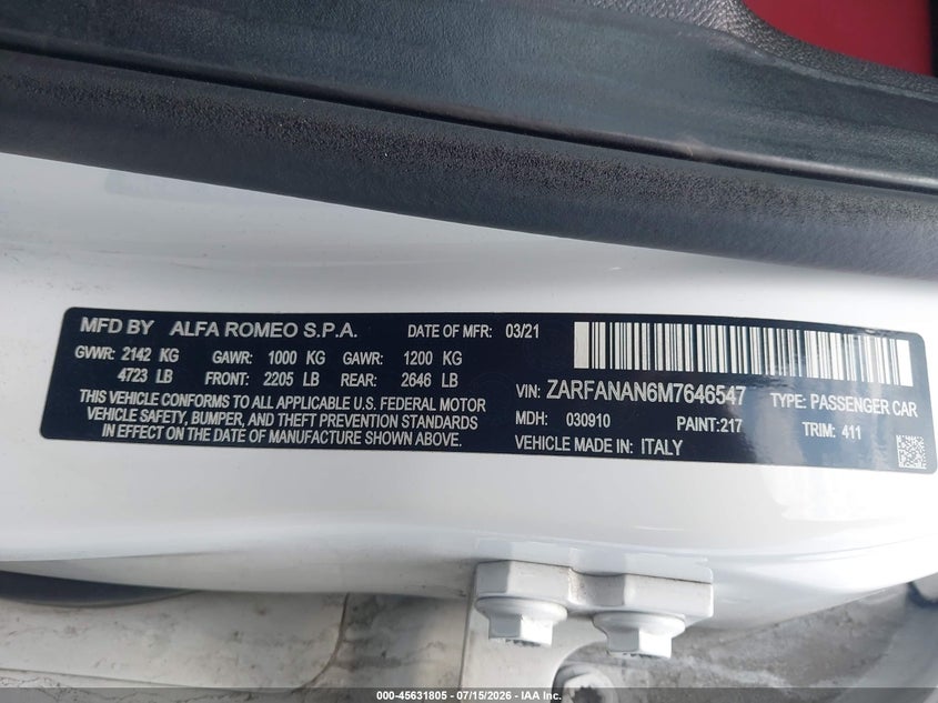 2021 Alfa Romeo Giulia Awd VIN: ZARFANAN6M7646547 Lot: 45631805