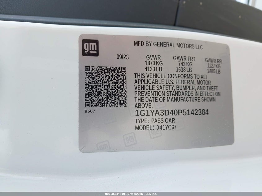 2023 Chevrolet Corvette Stingray Rwd 1Lt VIN: 1G1YA3D40P5142384 Lot: 45631819