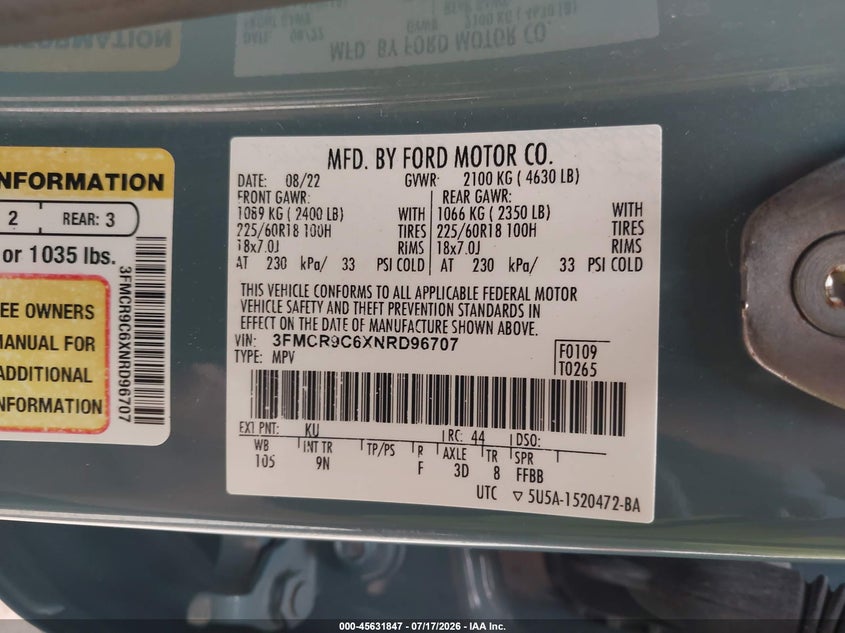 2022 Ford Bronco Sport Outer Banks VIN: 3FMCR9C6XNRD96707 Lot: 45631847