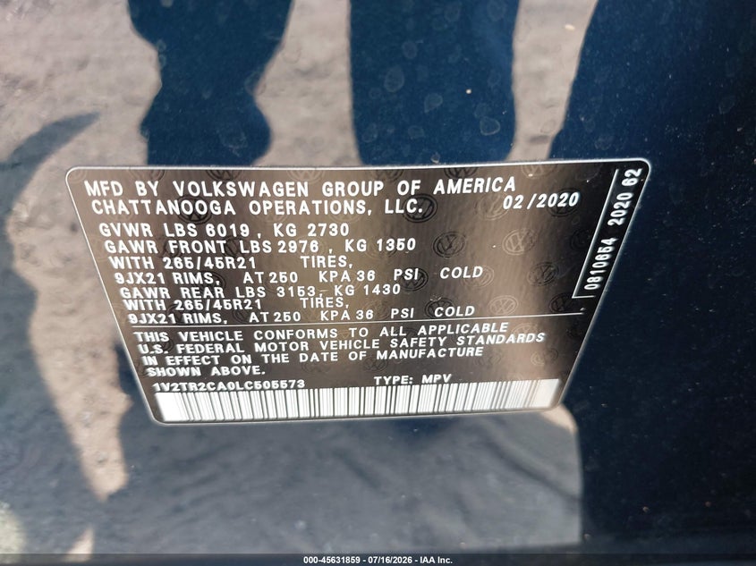 2020 Volkswagen Atlas 3.6L V6 Sel Premium VIN: 1V2TR2CA0LC505573 Lot: 45631859