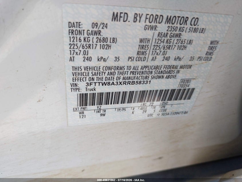 2024 Ford Maverick Xl VIN: 3FTTW8A3XRRB58331 Lot: 45631862