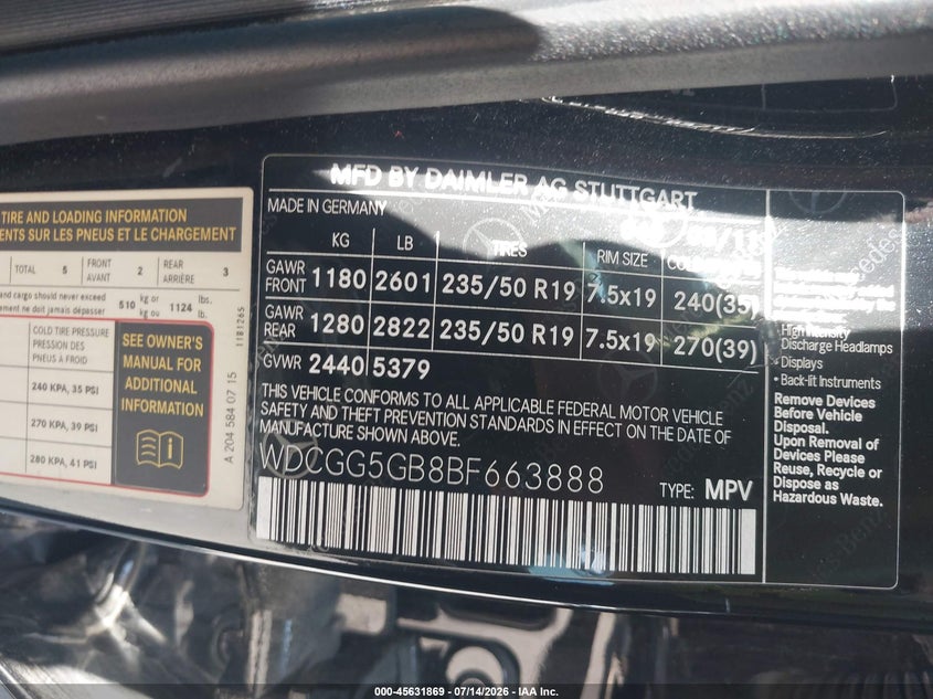 2011 Mercedes-Benz Glk 350 VIN: WDCGG5GB8BF663888 Lot: 45631869
