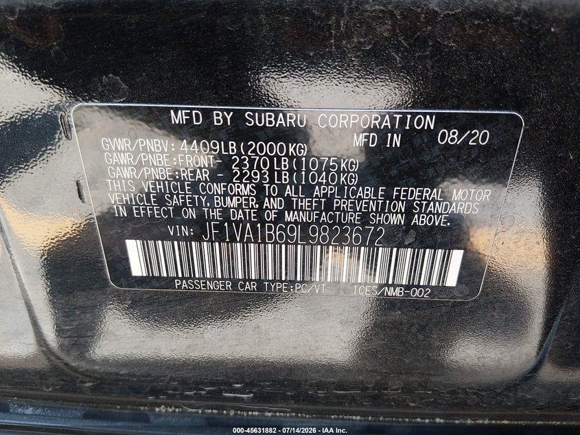 2020 Subaru Wrx Premium VIN: JF1VA1B69L9823672 Lot: 45631882