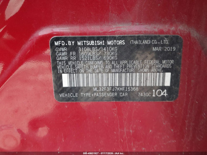 2019 Mitsubishi Mirage G4 Es/Rf VIN: ML32F3FJ7KHF15368 Lot: 45631927
