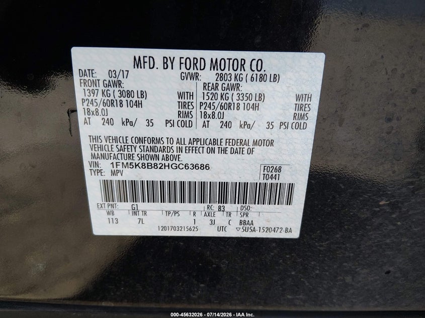 2017 Ford Explorer VIN: 1FM5K8B82HGC63686 Lot: 45632026