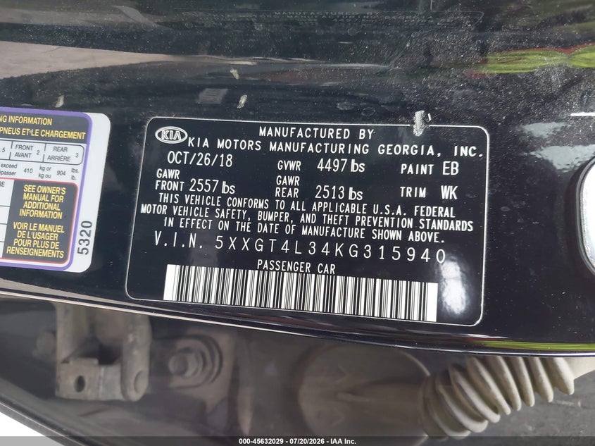 2019 Kia Optima S VIN: 5XXGT4L34KG315940 Lot: 45632029