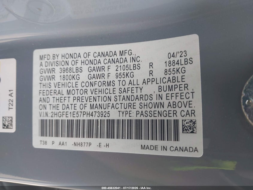 HONDA CIVIC SI 2023 VIN 2HGFE1E57PH473925