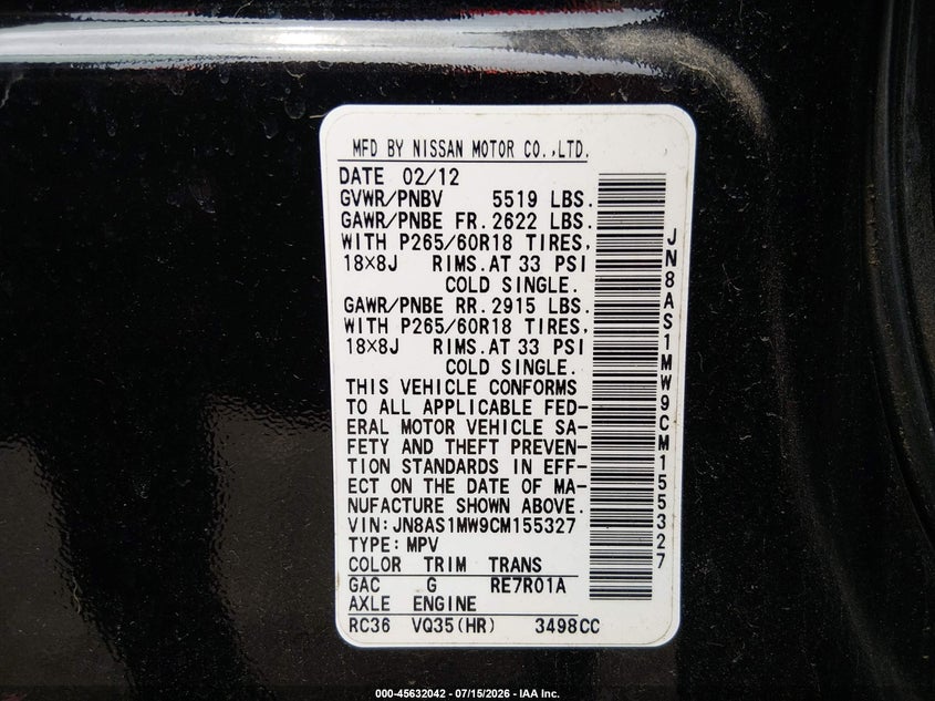 2012 Infiniti Fx35 VIN: JN8AS1MW9CM155327 Lot: 45632042