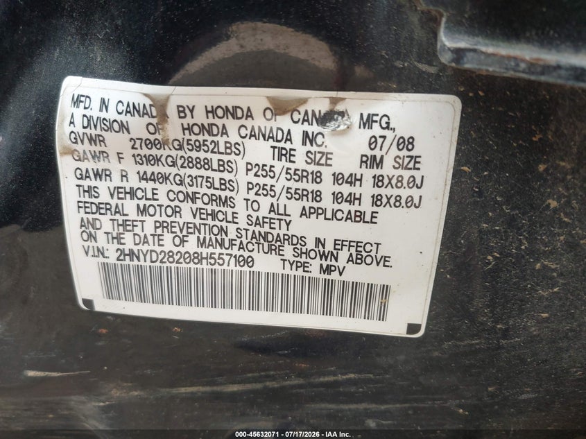 2008 Acura Mdx VIN: 2HNYD28208H557100 Lot: 45632071