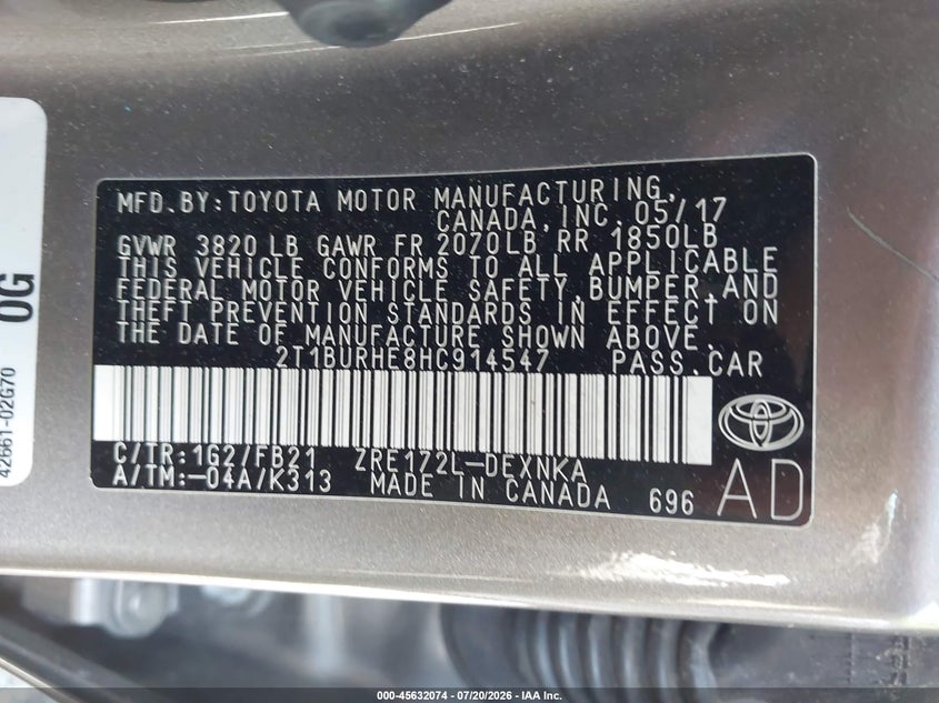 2017 Toyota Corolla Le VIN: 2T1BURHE8HC914547 Lot: 45632074