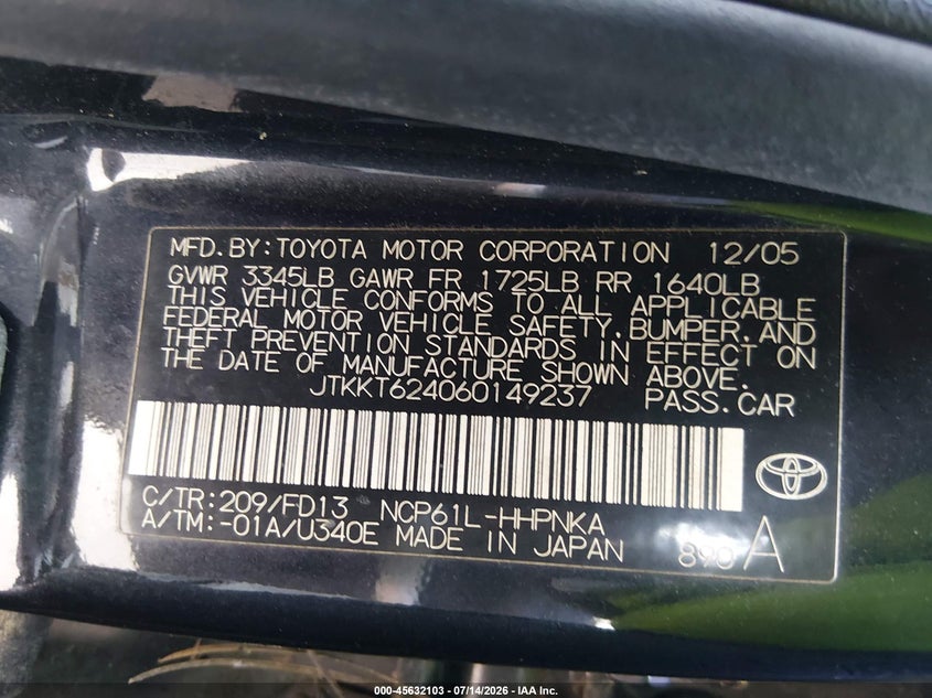 2006 Scion Xa VIN: JTKKT624060149237 Lot: 45632103