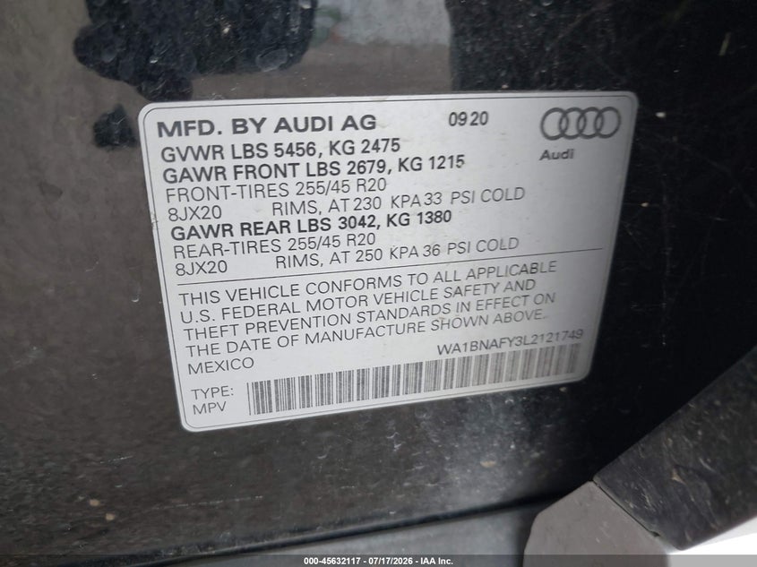 2020 Audi Q5 Premium Plus 45 Tfsi Quattro S Tronic VIN: WA1BNAFY3L2121749 Lot: 45632117