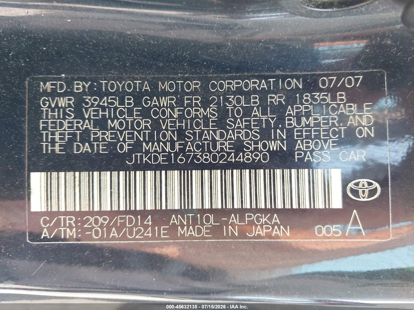 2008 Scion Tc VIN: JTKDE167380244890 Lot: 45632135