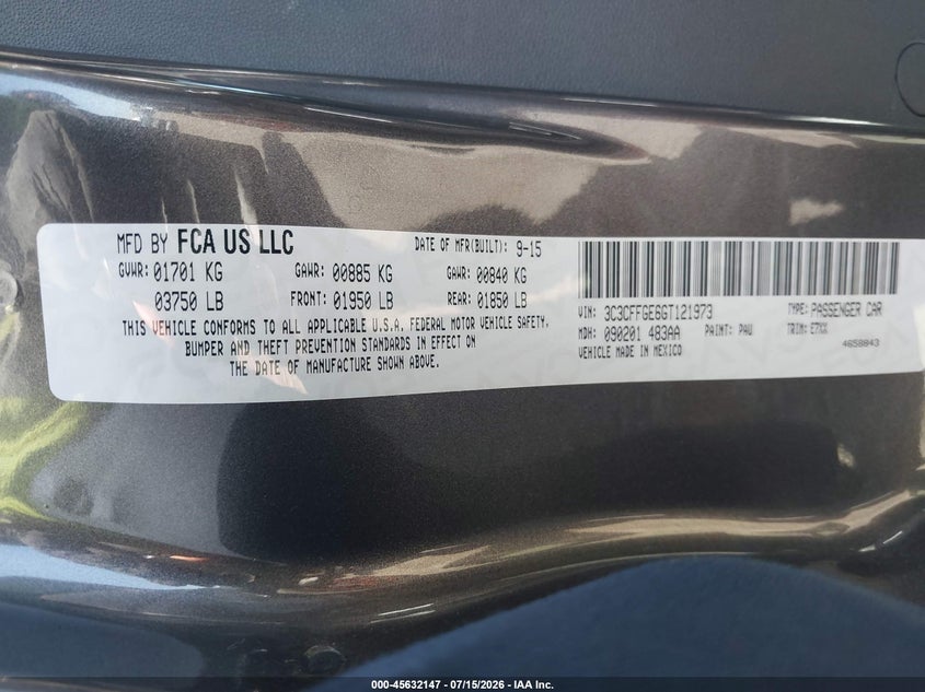 2016 Fiat 500E Battery Electric VIN: 3C3CFFGE6GT121973 Lot: 45632147