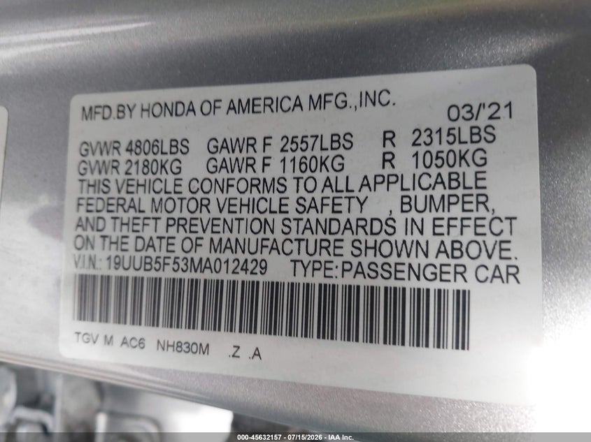 2021 Acura Tlx A-Spec Package VIN: 19UUB5F53MA012429 Lot: 45632157