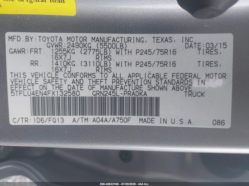 2015 Toyota Tacoma Base V6 VIN: 5TFLU4EN4FX132580 Lot: 45632168