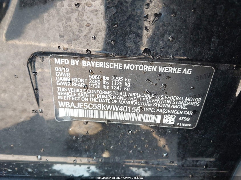 2019 BMW 540I VIN: WBAJE5C58KWW40156 Lot: 45632170
