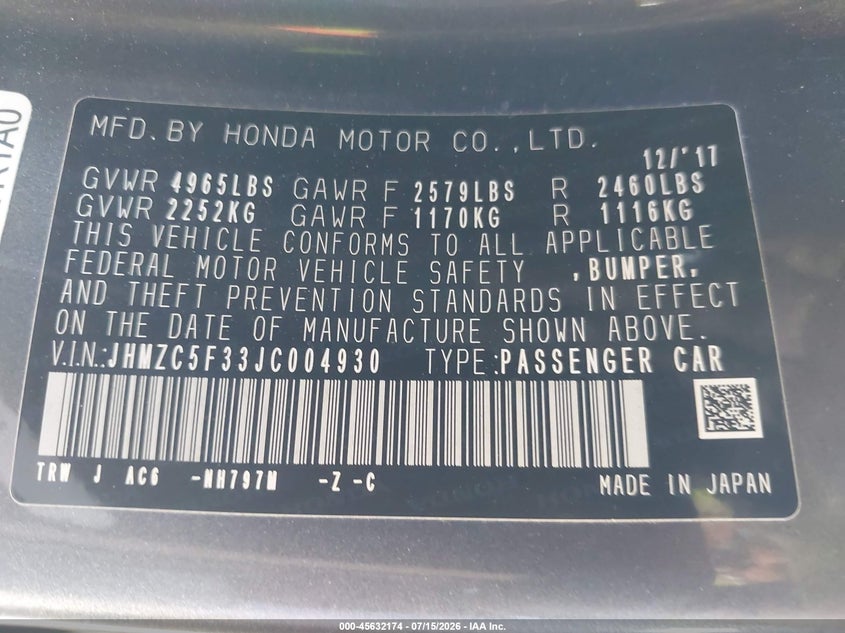 2018 Honda Clarity Plug-In Hybrid Touring VIN: JHMZC5F33JC004930 Lot: 45632174