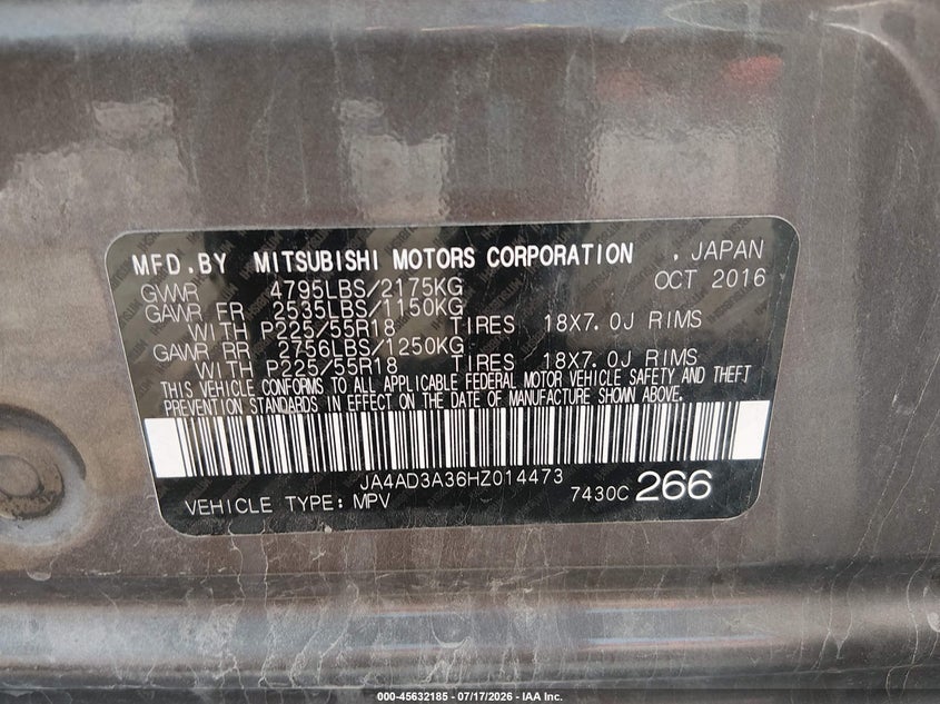 2017 Mitsubishi Outlander Se/Sel VIN: JA4AD3A36HZ014473 Lot: 45632185