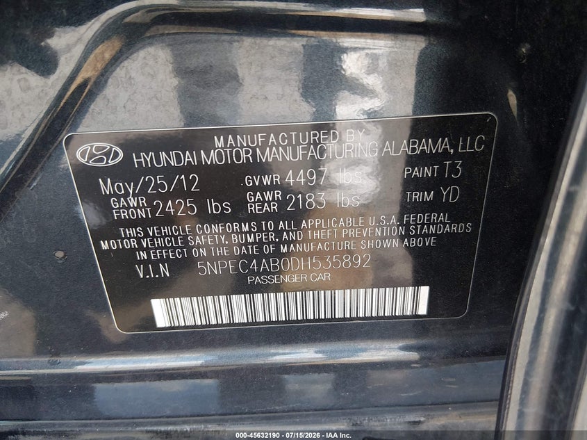 2013 HYUNDAI SONATA SEDAN 2.0L I-4 DI, DOHC, VVT, TURBO, 274HP