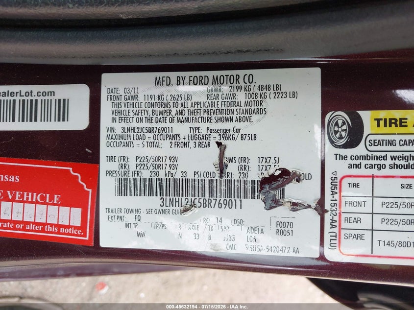2011 Lincoln Mkz VIN: 3LNHL2JC5BR769011 Lot: 45632194