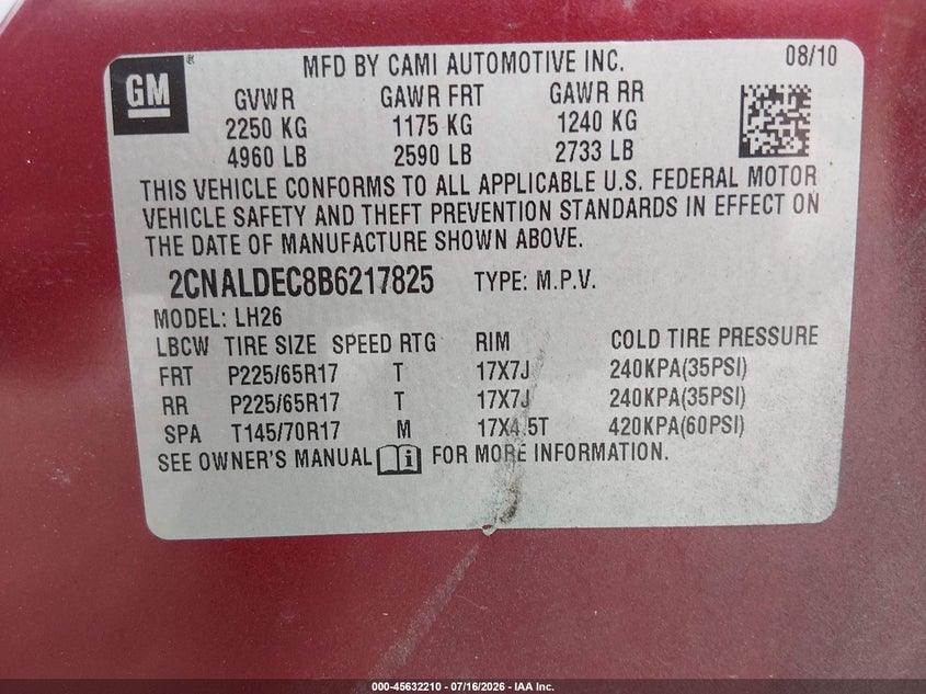 2011 Chevrolet Equinox Lt W/1Lt VIN: 2CNALDEC8B6217825 Lot: 45632210