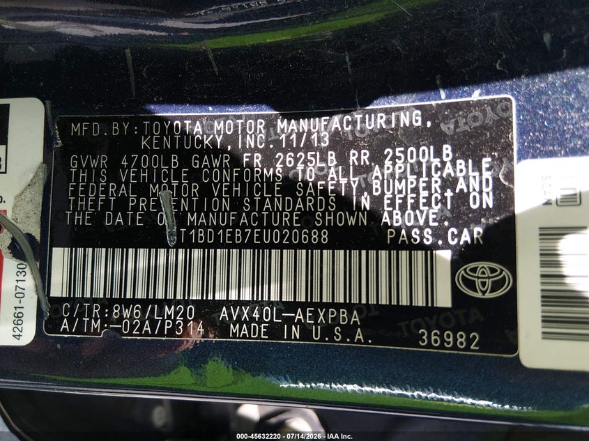 2014 Toyota Avalon Hybrid Limited VIN: 4T1BD1EB7EU020688 Lot: 45632220