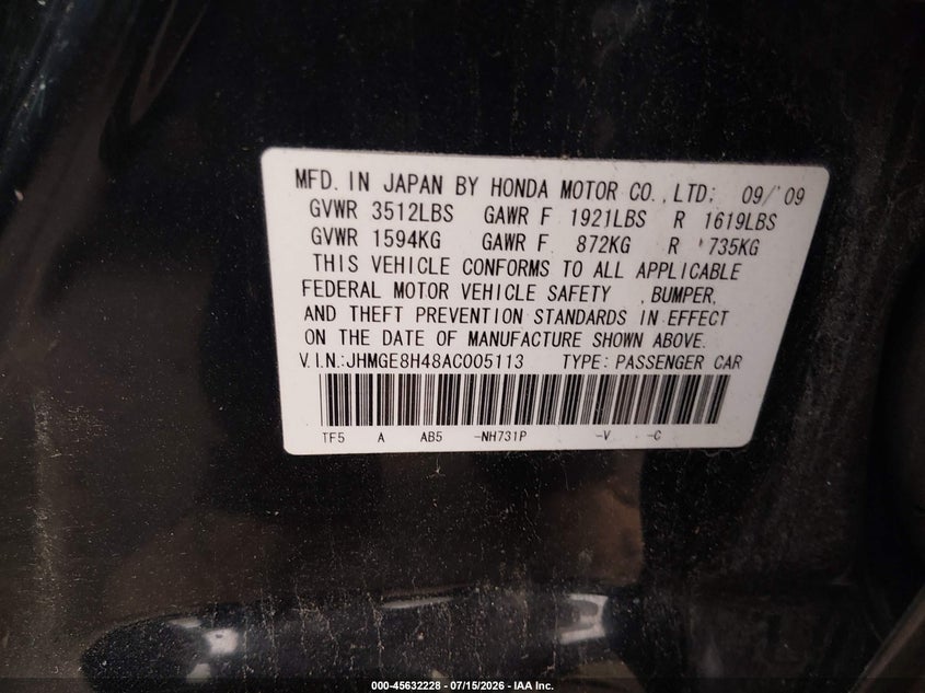 2010 Honda Fit Sport VIN: JHMGE8H48AC005113 Lot: 45632228