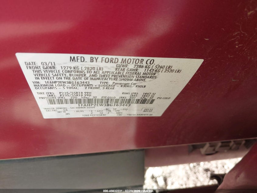 2011 Ford Taurus Sel VIN: 1FAHP2EW3BG163443 Lot: 45632231
